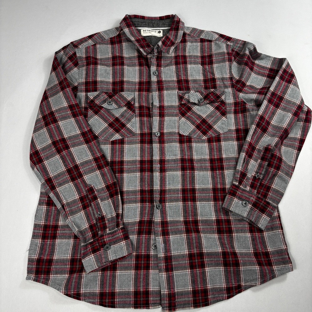 Retrofit Flannel Plaid Button Up Shirt Mens Large Red Gray 100% Cotton Casual